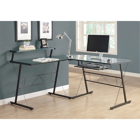 Computer Desk, Home Office, Corner, L Shape, Work, Laptop, Metal, Tempered Glass, Black, Clear